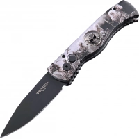 Автоматический складной нож Pro-Tech TR-2.4H1. Bruce Show Skull, клинок черный, сталь 154CM, рукоять алюминий, рисунок скелеты пиратов купить в Алмате