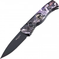 Автоматический складной нож Pro-Tech TR-2.4H1. Bruce Show Skull, клинок черный, сталь 154CM, рукоять алюминий, рисунок скелеты всадников купить в Алмате